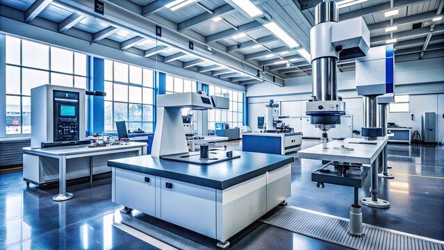 Modern industrial inspection lab with Coordinate Measuring Machine, precision instruments, and tools, illuminating quality control and precision engineering in manufacturing industry.