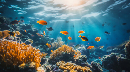 Fototapeta na wymiar Vibrant Underwater Scene with Coral Reef and Tropical Fish