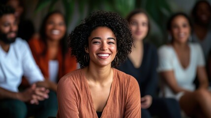 A woman smiling warmly as she introduces herself to a group of people, embodying confidence and approachability