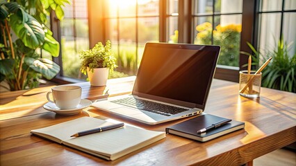 Modern laptop on wooden desk surrounded by job search papers, pens, and a cup of coffee, illuminated by soft natural light in a home office.