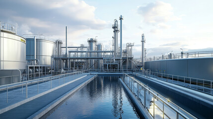 Obraz premium A modern chemical plant featuring sophisticated water management system, showcasing industrial structures and reflective water surfaces under cloudy sky.