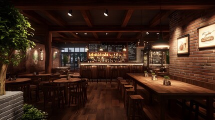 A cozy pub with wooden tables and 3D-rendered craft beer flights paired with gourmet lamb chops