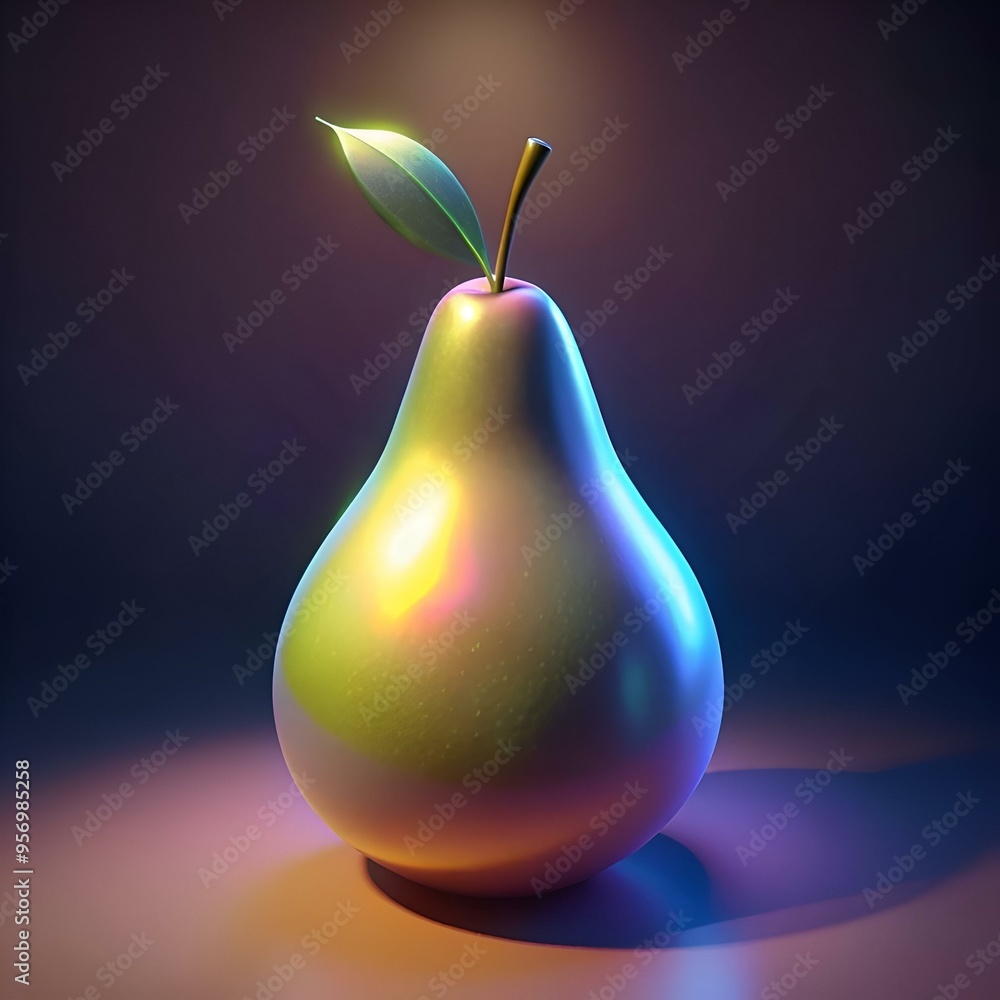 Poster a vibrant 3d pear rendered with a shimmering iridescent effect.