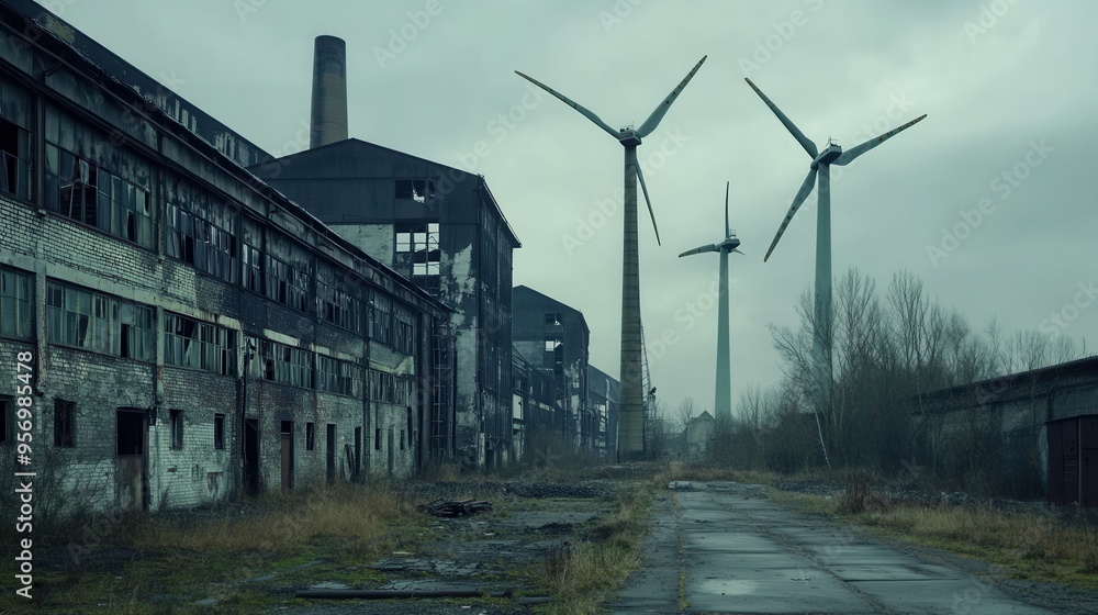 Poster Old factories loom alongside wind turbines, highlighting the transition from coal dependency to green energy solutions in a changing landscape. Generative AI