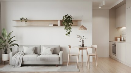 A minimalist Scandinavian loft home interior design of a modern living room with a kitchen. The living room has a sofa, a coffee table and a potted plant. 