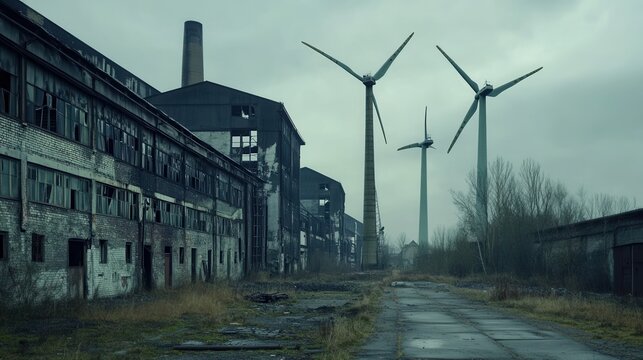 Old factories loom alongside wind turbines, highlighting the transition from coal dependency to green energy solutions in a changing landscape. Generative AI