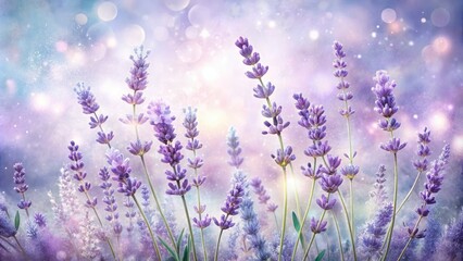 Naklejka premium Soft, dreamy illustration of lavender blooms and delicate stems surrounded by gentle, swirling watercolor textures and subtle, shimmering highlights in soothing pastel hues.