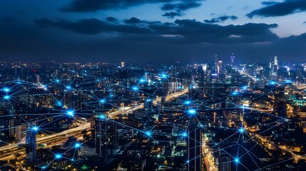 Digital cityscape with interconnected networks and digital elements, representing the integration of smart urban technology in an evening setting