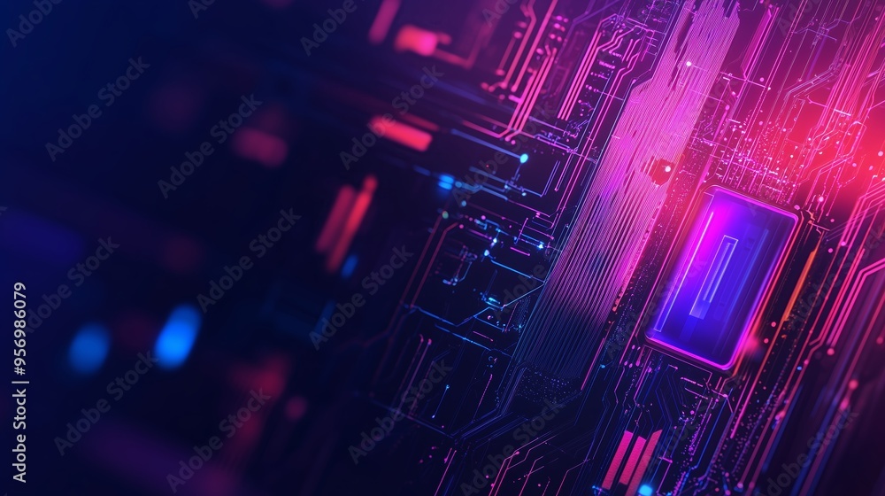 Poster vibrant close-up of a computer chip with colorful circuit patterns illuminated by neon lights