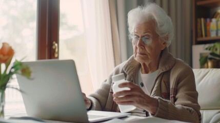An elderly woman in a cozy room thoughtfully reads a medication bottle label while seated in front of a laptop, embodying diligence and care.