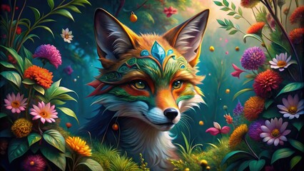 Fototapeta premium A whimsical illustration of a curious fox wearing a vibrant Venetian mask, surrounded by lush greenery and flowers, evoking a sense of mystique and wonder.