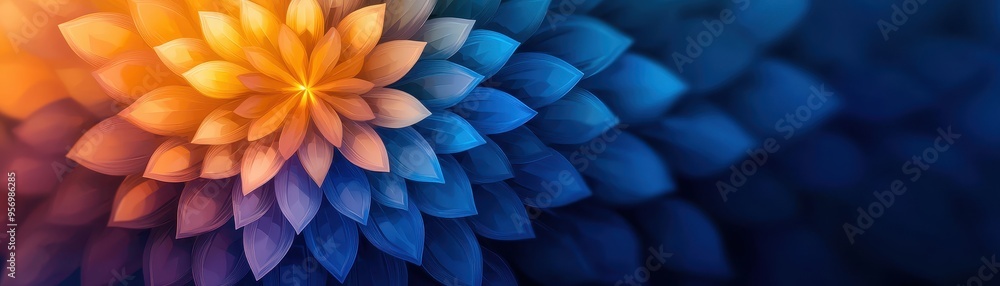 Poster a vibrant floral pattern with gradients of orange and blue, creating a visually stunning abstract ba