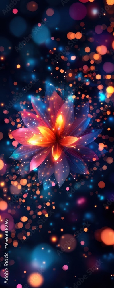 Poster a vibrant flower design with colorful lights and abstract bokeh, perfect for backgrounds and artisti