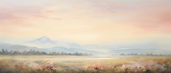 A mesmerizing oil painting background in soft pastel hues, depicting a serene countryside landscape. 