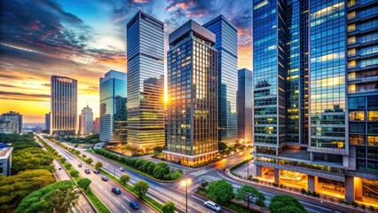 Modern offices in commercial district with sleek skyscrapers, bustling streets, and vibrant city life, capturing the energy and progress of a thriving business hub.