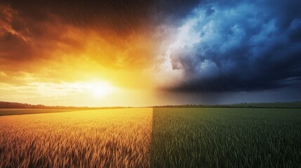 A vibrant sunset contrasts with a looming storm over green fields
