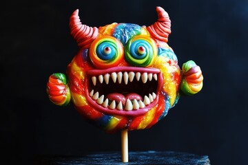Colorful Lollipop Monster with Horns and Teeth