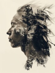 Fototapeta premium white background, double exposure of a native american shaman, head profile, filled with the plains and sky of arizona, with generative ai