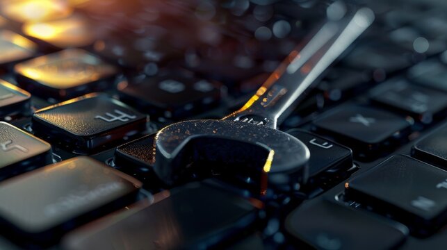 A close-up shot of a shiny wrench placed diagonally on a black computer keyboard, highlighting the contrast between technology and manual labor.