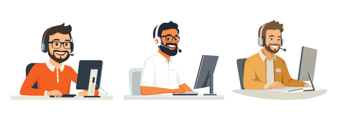 Set of vector illustration of a smiling customer support agent on white background