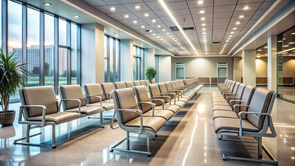 Fototapeta premium Soft focus interior of a hospital waiting room with rows of empty chairs, dim lighting, and subtle architectural details creating a sense of calm anxiety.