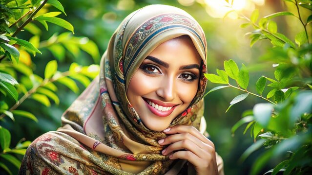 Beautiful young woman with warm, golden-brown skin and vibrant hijab, smiling softly, surrounded by lush greenery and delicate Middle Eastern-inspired patterns.