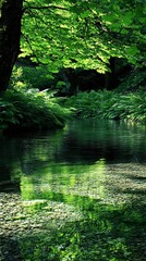 A serene forest stream with crystal clear water and lush green foliage overhead.
