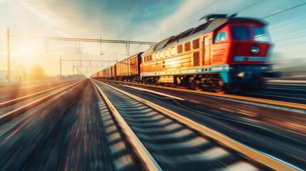 Naklejka premium A powerful train engine speeding along the tracks, bathed in the warm glow of a setting sun, epitomizing strength and momentum.