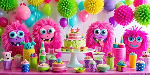 Fototapeta premium Monster party decoration ideas kids monster fun bright pink