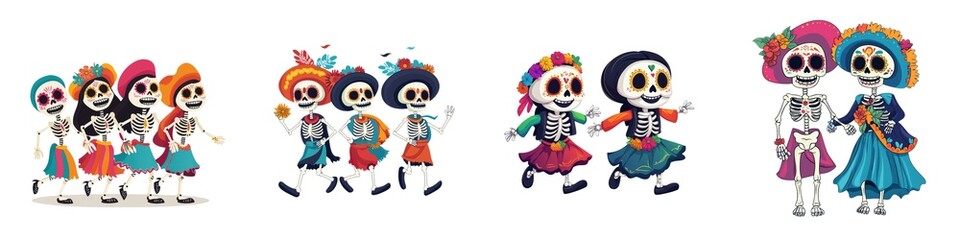Colorful and festive skeletons celebrating in traditional attire, perfect for Day of the Dead themes and Halloween festivities.