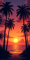 Retro Tropical Beach View with Palm Tree, Sunset Over the Sea