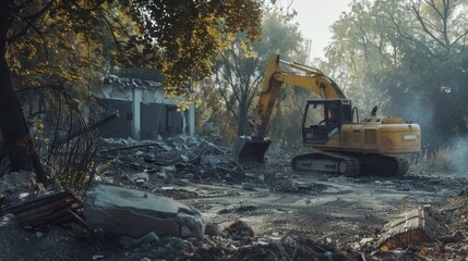 Fototapeta premium A lone excavator is seen amidst the rubble of a building, framed by autumn trees, as it clears debris in a desolate, almost serene landscape.