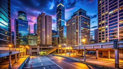 Fototapeta premium cityscape with towering skyscrapers, neon lights, and bustling streets, juxtaposed with a dimly lit parking garage entrance in the foreground.