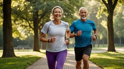 Middle aged couple jogging in the morning in the park