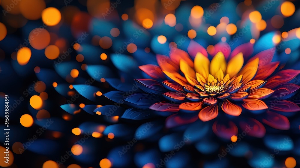 Poster Vibrant flower design with colorful petals and glowing bokeh effects, creating a mesmerizing visual experience.