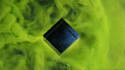 Steam flow. Ink water. Green acid neon color occult smoke curve wave wrapping shiny black cosmic...