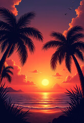 Retro Tropical Beach View with Palm Tree, Sunset Over the Sea