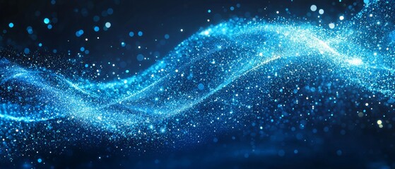 Abstract digital wave with glowing blue particles and neon lines, evoking a futuristic technology theme
