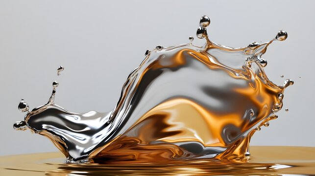 Metallic Liquid Splash: A splash of metallic liquid, like silver and gold, frozen in mid-air, with the colors blending and reflecting light.
