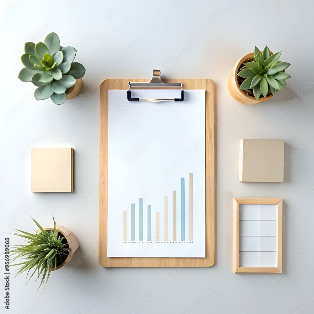 Poster a minimalist flat lay featuring a clipboard with a simple bar graph. two small potted succulents. a 