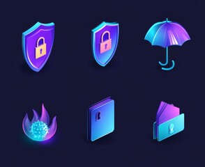Isolated 3d modern signs of computer security: phishing, safe, database server and firewall, spam letters, shield, umbrella, lock, fingerprint system, cloud computing service, etc.