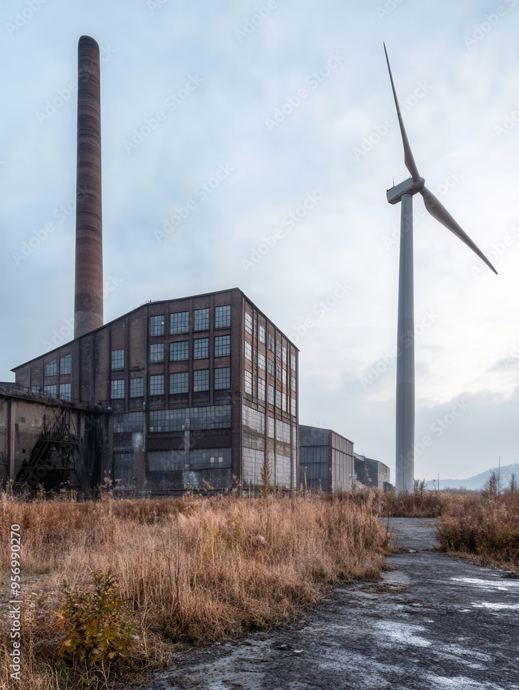 Aufkleber wind turbines stand tall beside decommissioned factories, showcasing the shift from coal dependency 