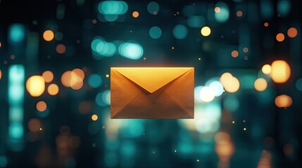 A floating envelope illuminated by soft bokeh lights, creating a serene and symbolic image of digital communication.