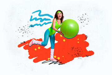 Composite trend artwork sketch collage of young woman wear uniform practice sportswoman coach hand hold fitness ball aerobics retro style