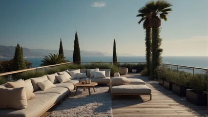 Modern terrace in light shades, summer