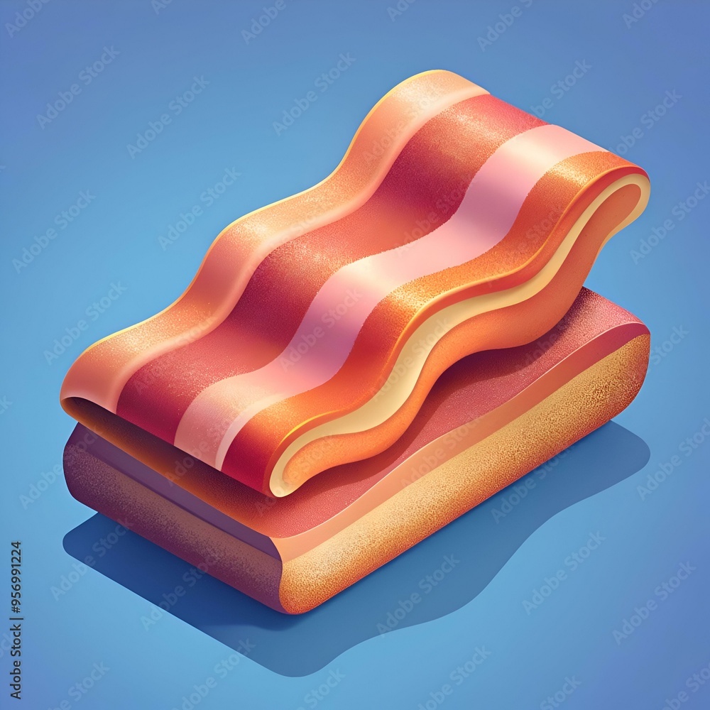 Poster a stylized. 3d illustration of a stack of bacon strips. rendered in warm. inviting tones.