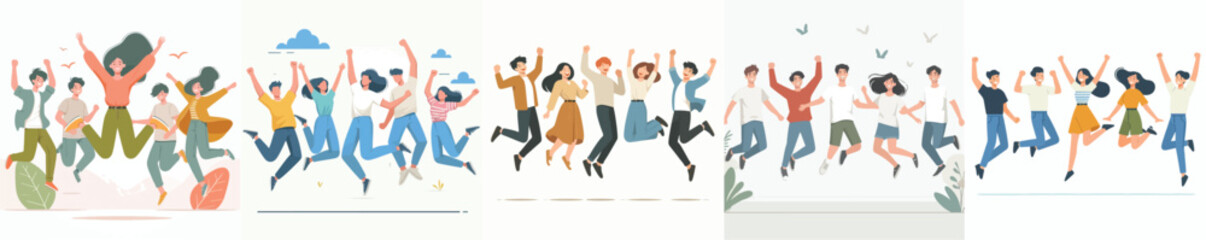 vector set of people jumping happily in flat design style