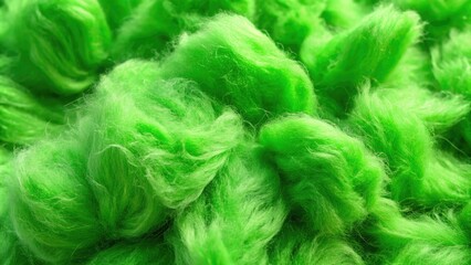 Fototapeta premium Close-up of vibrant green polyester fibers, soft and fluffy, scattered on a white background, showcasing texture and color of synthetic fabric material.