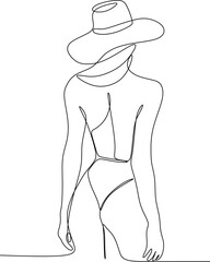 Continuous line art or one line drawing of a girl on the beach. Summer holiday happiness of carefree joyful woman standing on sandy tropical beach. Vector illustrations 