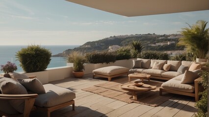 Fototapeta premium Modern terrace in light shades, summer